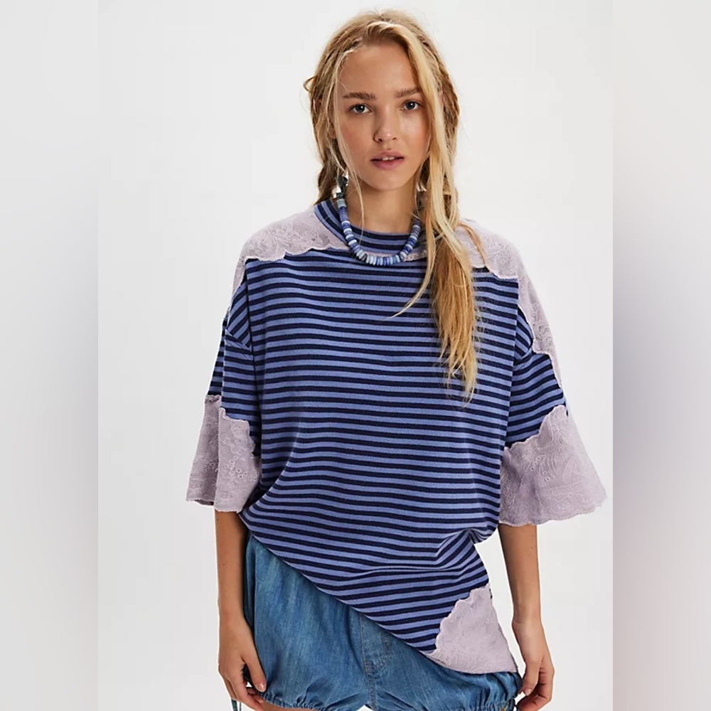 FREE PEOPLE Oversized Striped Lace Sherbert Tunic NWT Blue Lavender